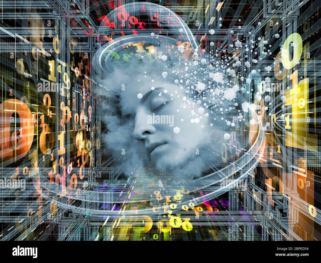 Rêves numériques série. Composition du visage humain et les structures numériques sur le thème de l'esprit, de pensée, de rêve, de la science et de l'éducation Banque D'Images
