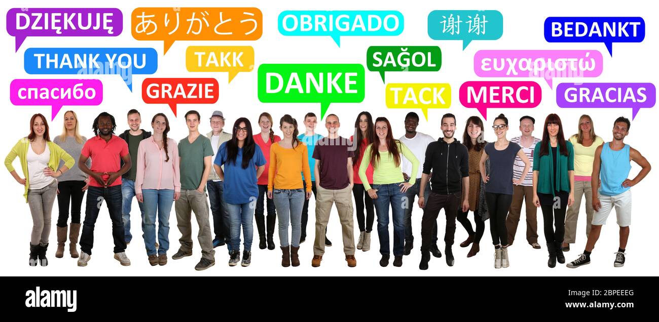 Multikulturell personnes Gruppe junge Leute sagen danke in verschiedenen Sprachen Banque D'Images