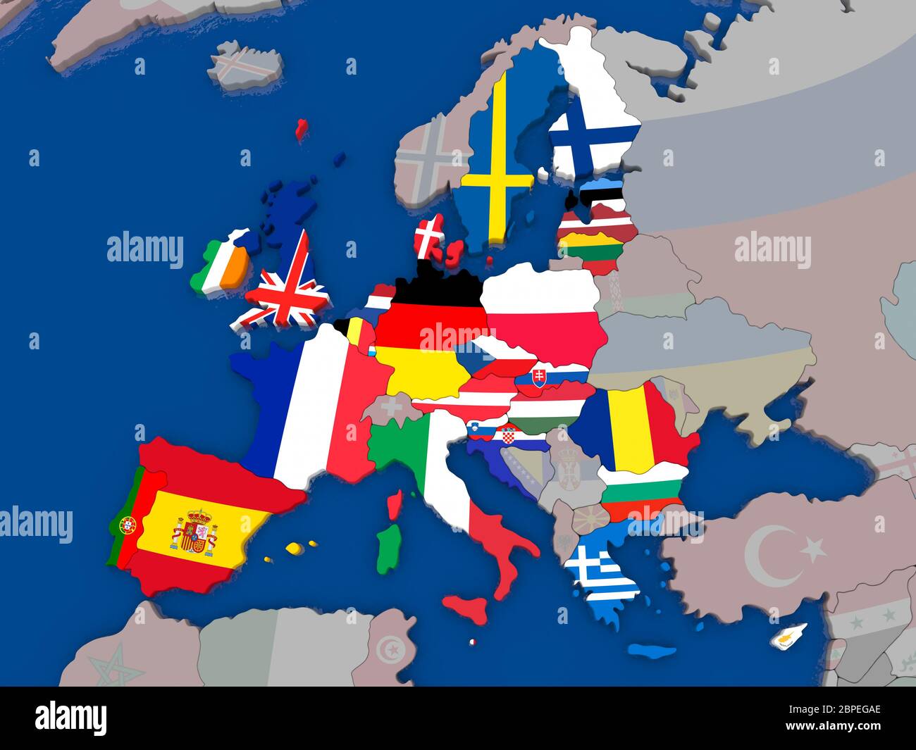 Carte de l'Union européenne avant l'Brexit avec les drapeaux des États membres a mis en évidence et d'autres pays en grisé. Illustration 3D . Banque D'Images