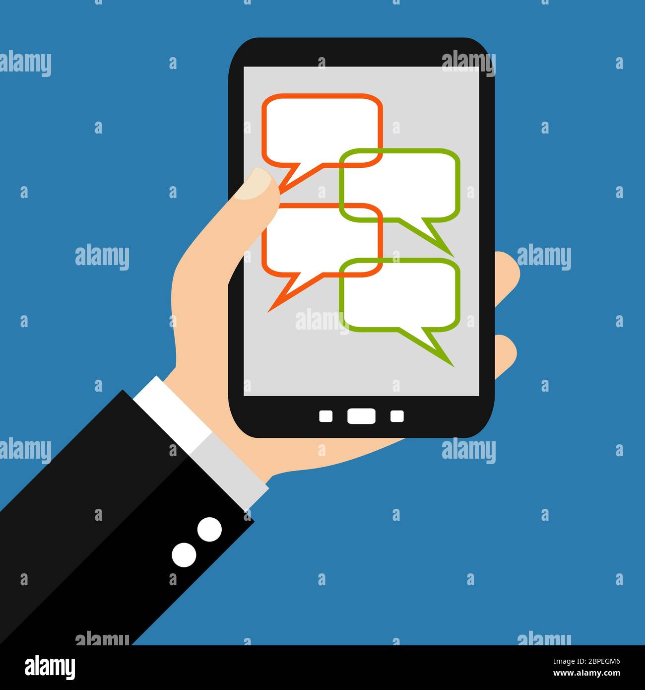 Mit la main : Smartphone Chat Kommunikation - Modèle plat Banque D'Images