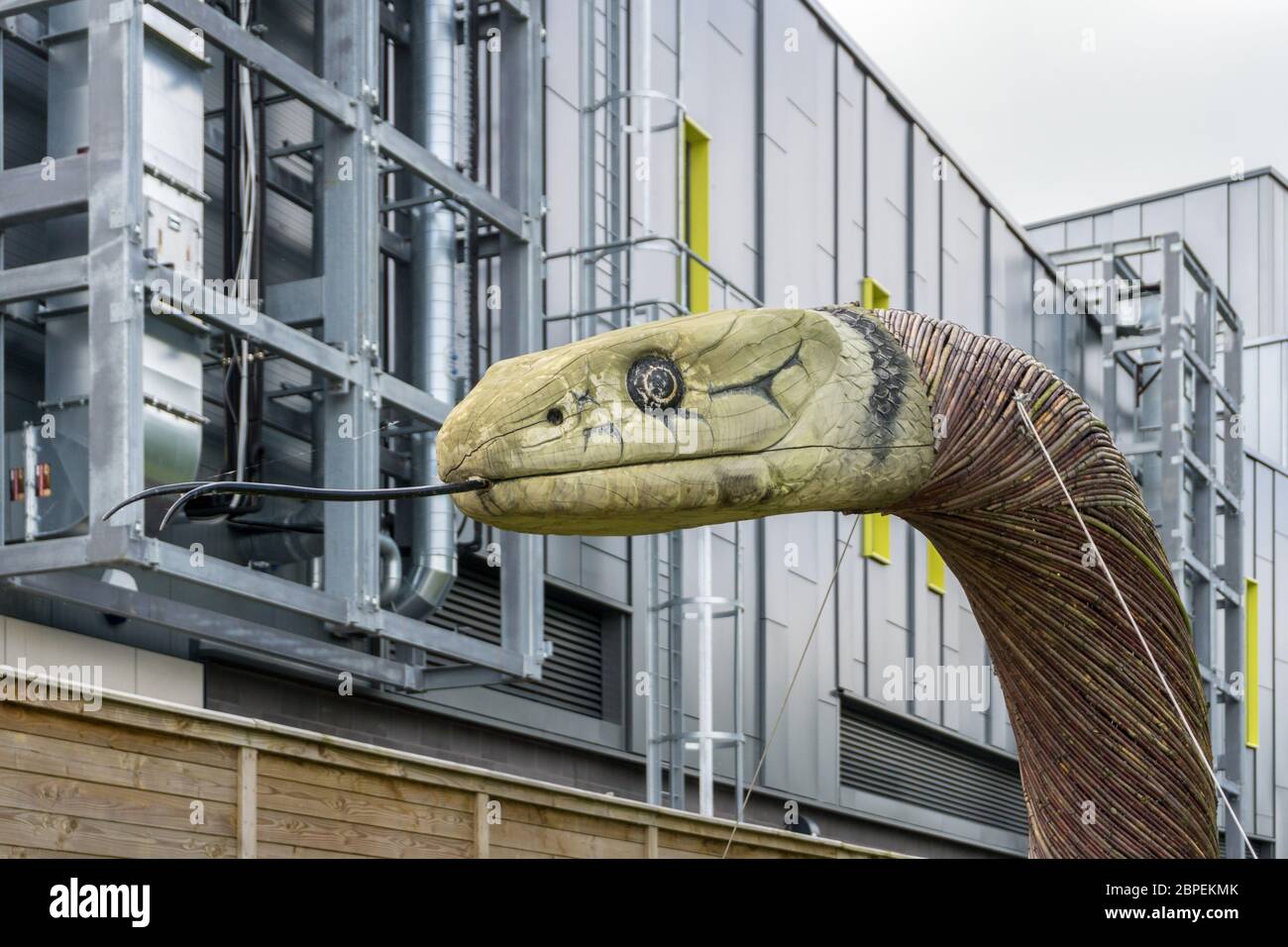 Sculpture de serpent en rotin et en bois devant un bâtiment industriel moderne, centre commercial Rushden Lakes, Northamptonshire, Royaume-Uni Banque D'Images