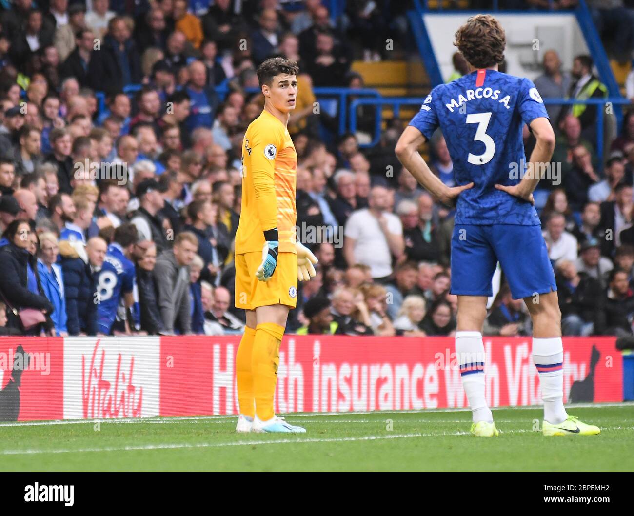 LONDRES, ANGLETERRE - 22 SEPTEMBRE 2019 : Kepa Arrizabalaga de Chelsea photographiée pendant le match de la première ligue 2019/20 entre Chelsea FC et Liverpool FC à Stamford Bridge. Banque D'Images