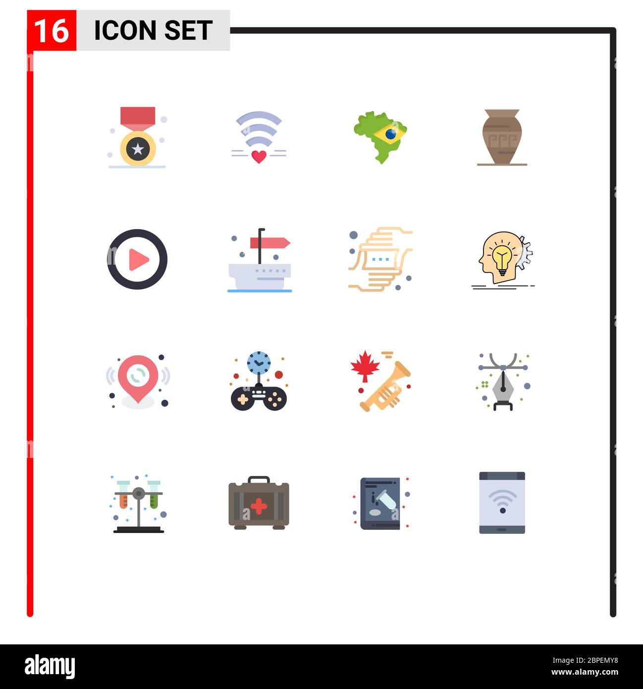 Ensemble moderne de 16 couleurs plates et symboles tels que les supports, le bocal, le coeur, les emoji, l'amphora Pack modifiable d'éléments de conception de vecteur créatif Illustration de Vecteur