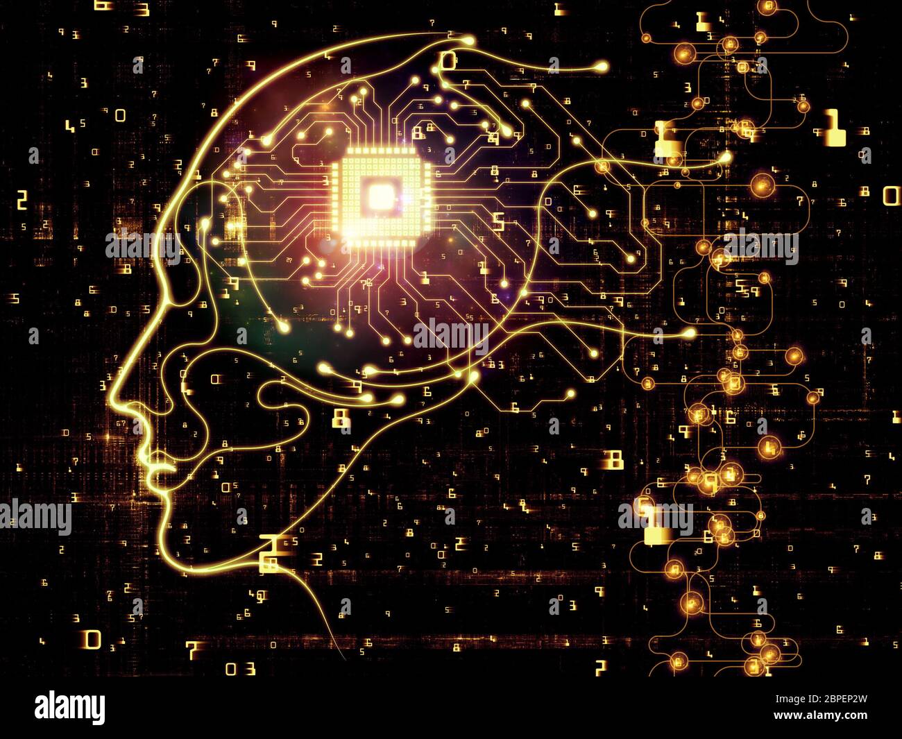 Processeurs Mind Series. Design composé de silhouette de visage humain et de symboles technologiques comme métaphore sur le sujet de l'informatique, l'intellect artificiel Banque D'Images