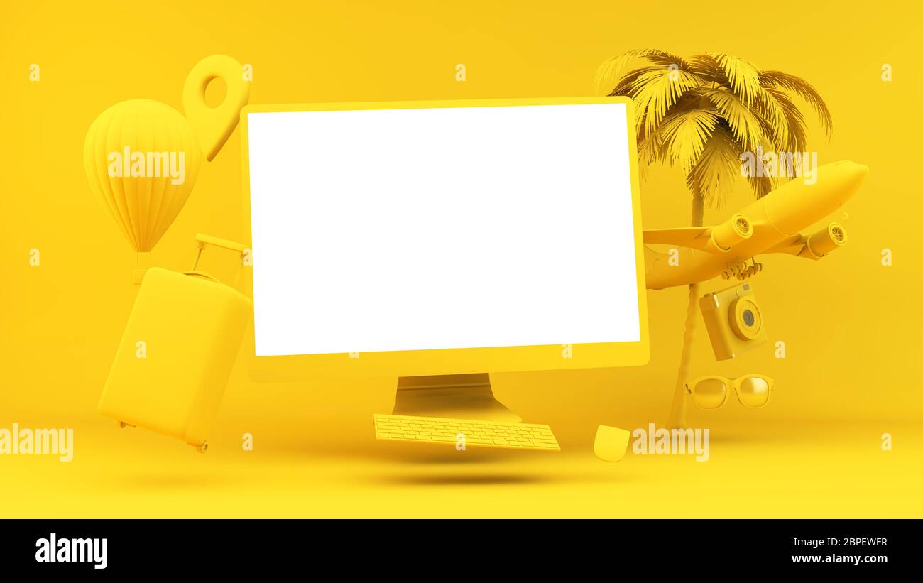 Ordinateur jaune avec concept de rendu 3d flottant d'objets de voyage Banque D'Images