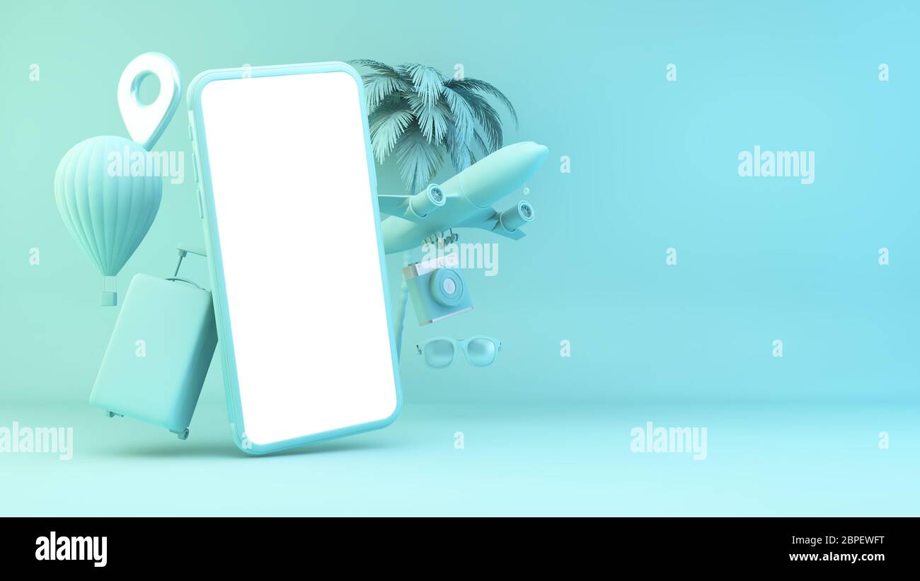 Smartphone bleu avec concept d'objets de voyage rendu 3d Banque D'Images