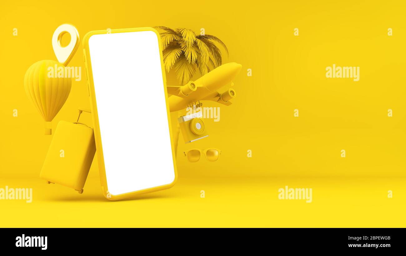 Smartphone jaune avec concept d'objets de voyage rendu 3d Banque D'Images