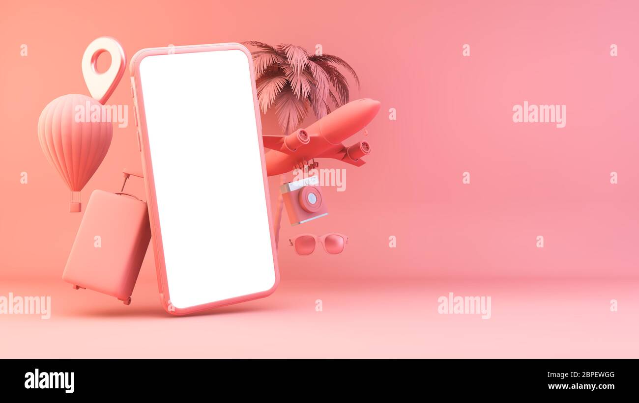 Smartphone rose avec concept d'objets de voyage rendu 3d Banque D'Images