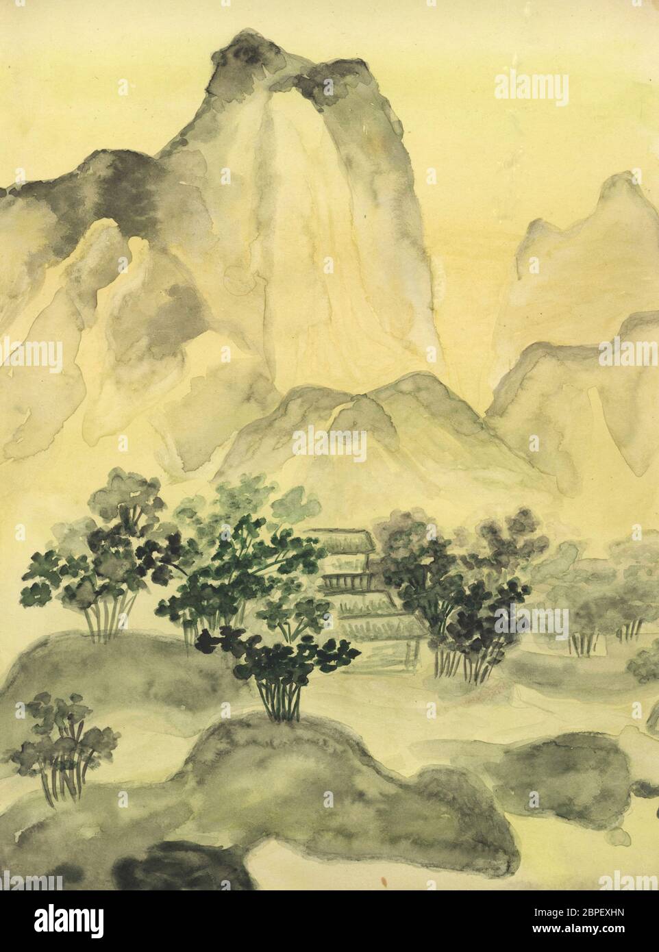 C'est ma propre peinture, dessinée à la main dans les traditions de la peinture chinoise ancienne, aquarelles. Taille de l'original 30,5 x 22 cm. Banque D'Images