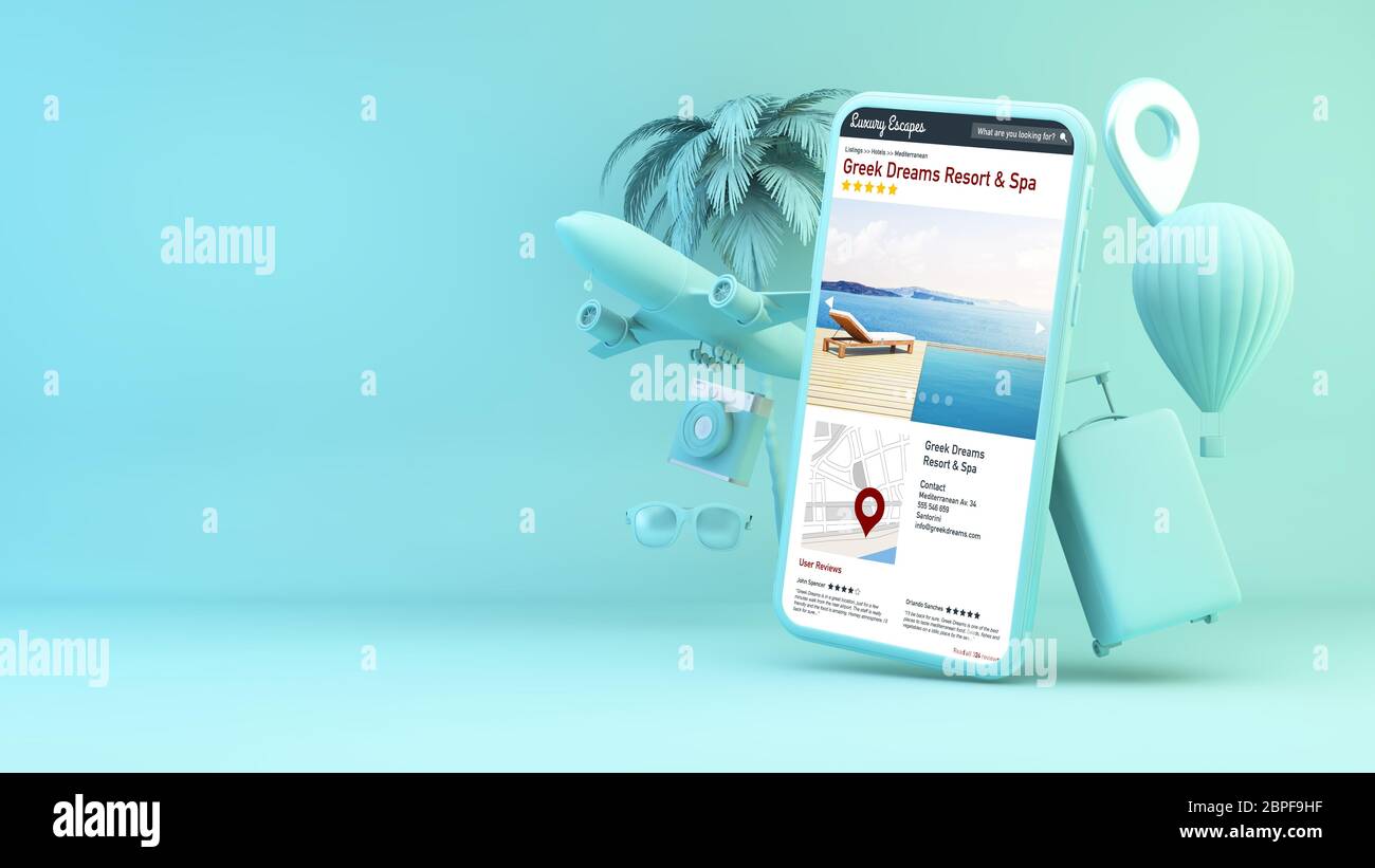Smartphone bleu avec objets de voyage et rendu 3d du site Web de l'annuaire des hôtels Banque D'Images