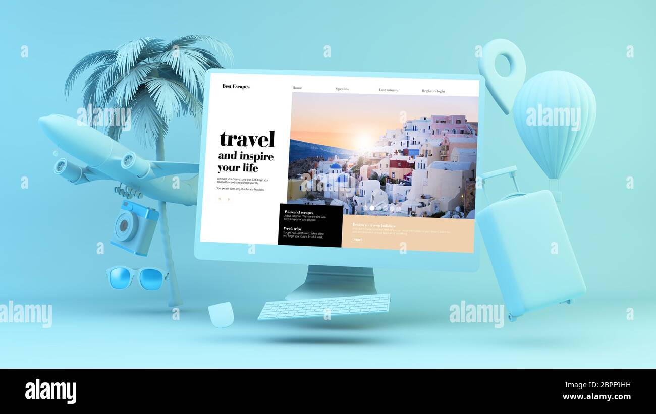 Ordinateur flottant avec éléments de voyage et de blog de voyage site web rendu 3d Banque D'Images