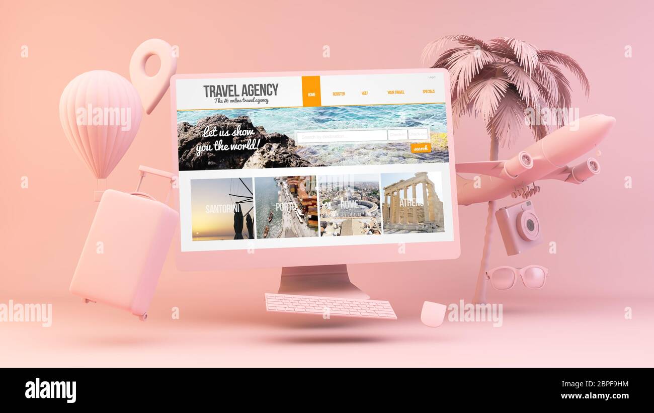 Ordinateur rose minimal avec affichage 3d à l'écran de l'agence de voyages Banque D'Images