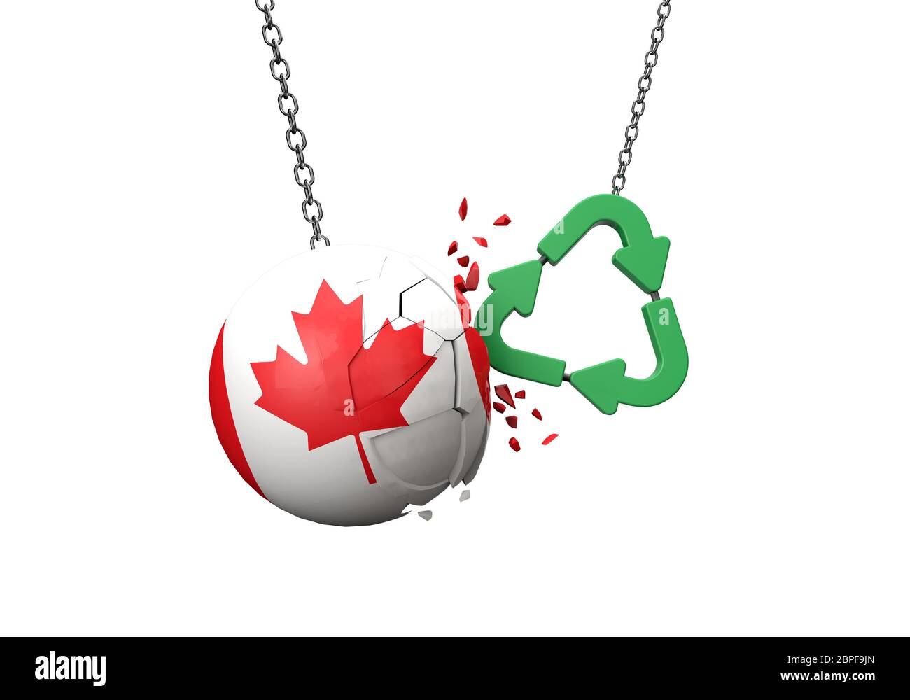 Le symbole de recyclage vert s'écrasant dans une boule drapeau du Canada. Rendu 3D Banque D'Images