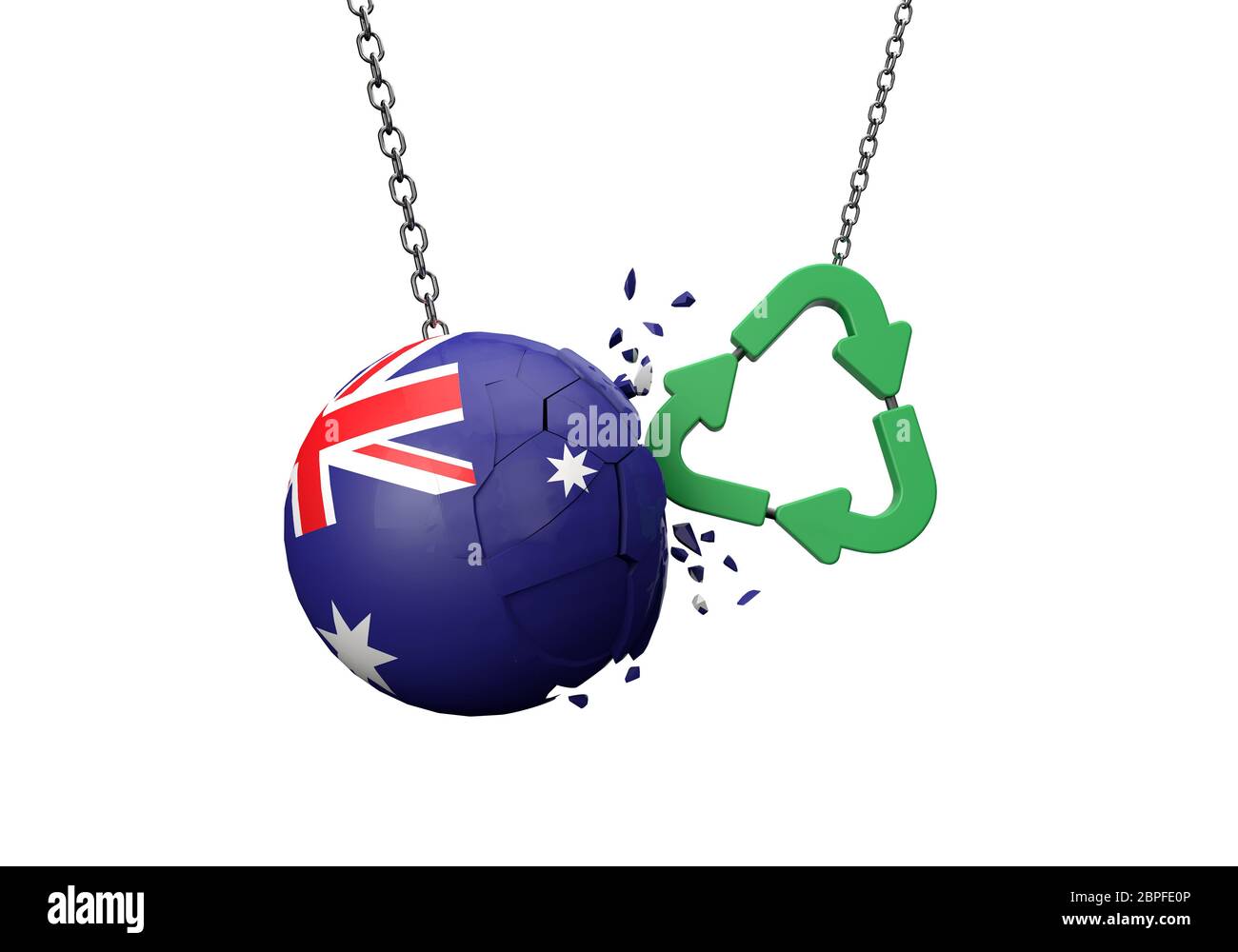 Le symbole de recyclage vert s'écrasant dans une boule de drapeau de l'Australie. Rendu 3D Banque D'Images