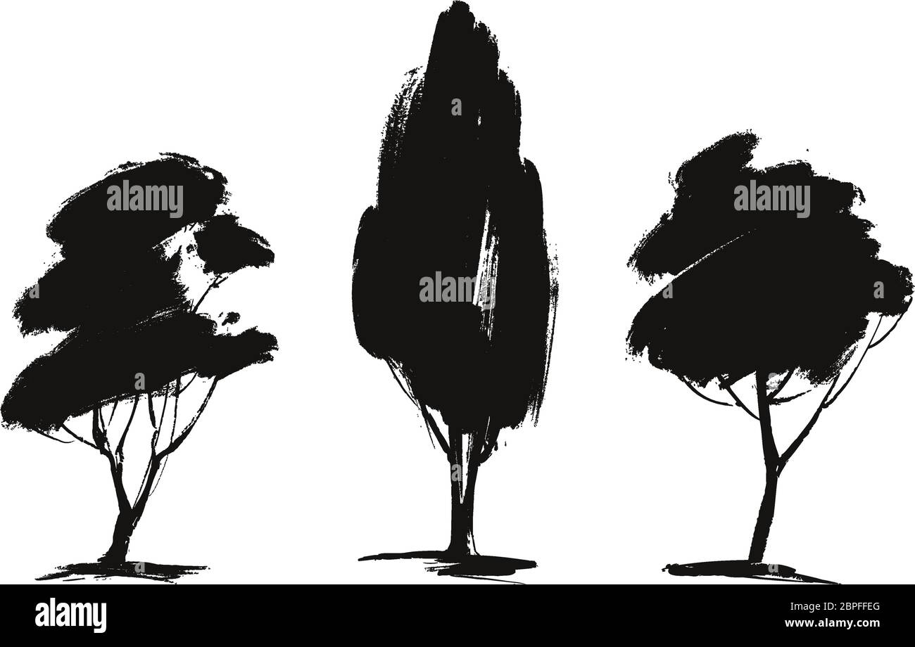 Ensemble d'arbres éléments floraux, nature, dessin d'illustration vectorielle à la main esquisse isolée sur fond blanc Illustration de Vecteur