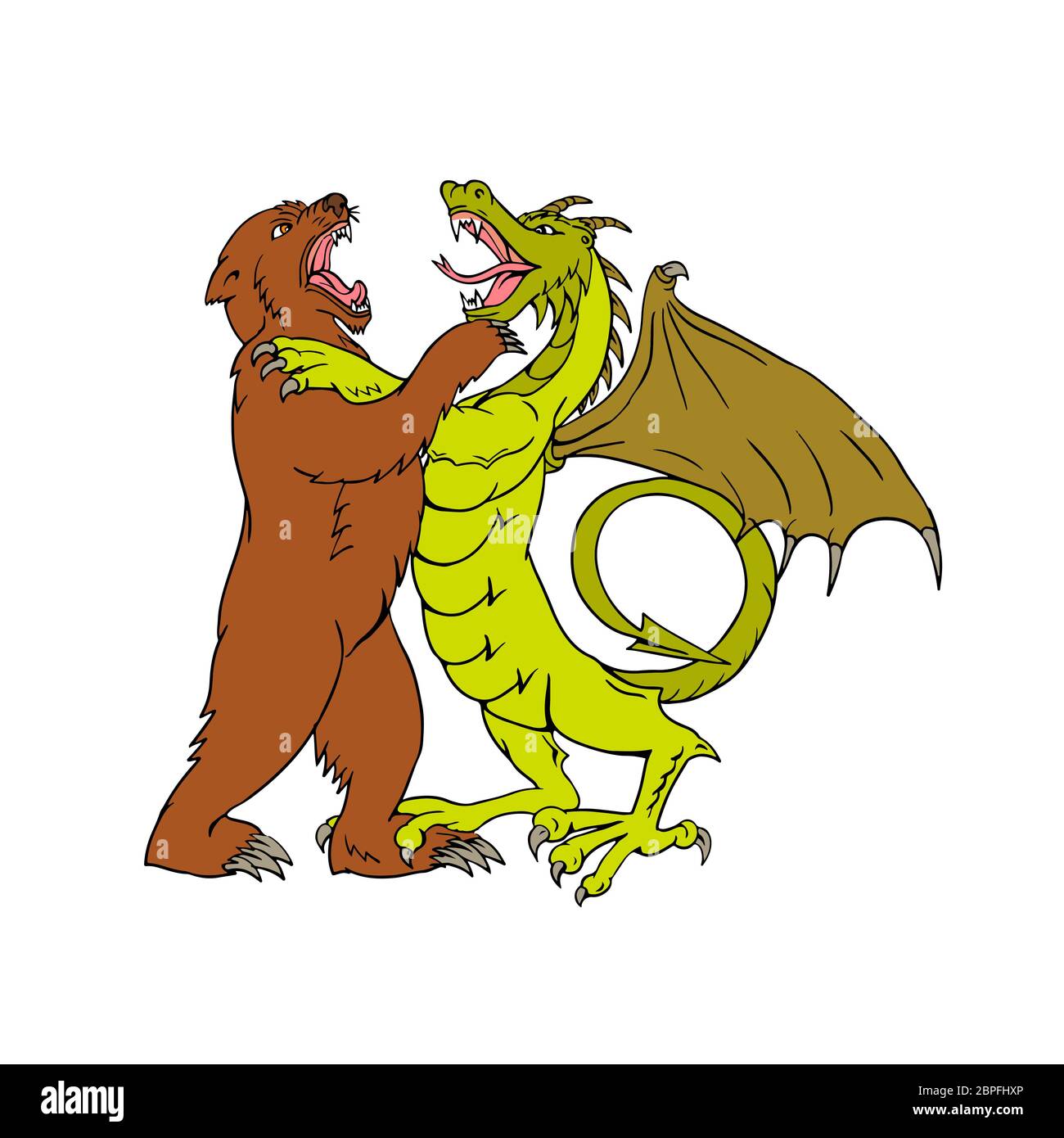 Style croquis dessin illustration d'un dragon chinois lutte, joutes, combats ou d'entraînement d'un grizzly isolées sur fond blanc fait en fu Banque D'Images