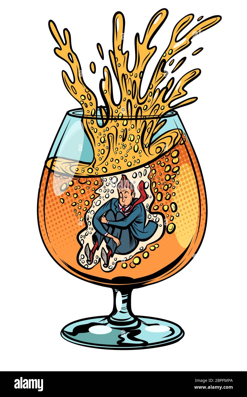 Ivrogne saute dans un verre d'alcool. Comic cartoon retro pop art dessin illustration vectorielle Banque D'Images