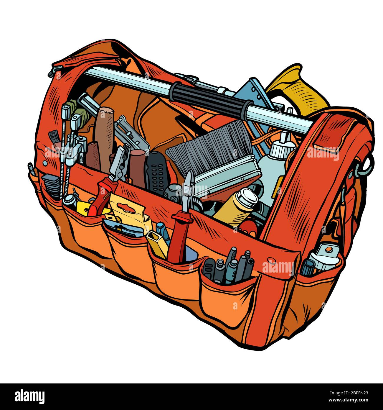 Sac avec outils de travail. Pop art retro vintage kitsch vector illustration Banque D'Images