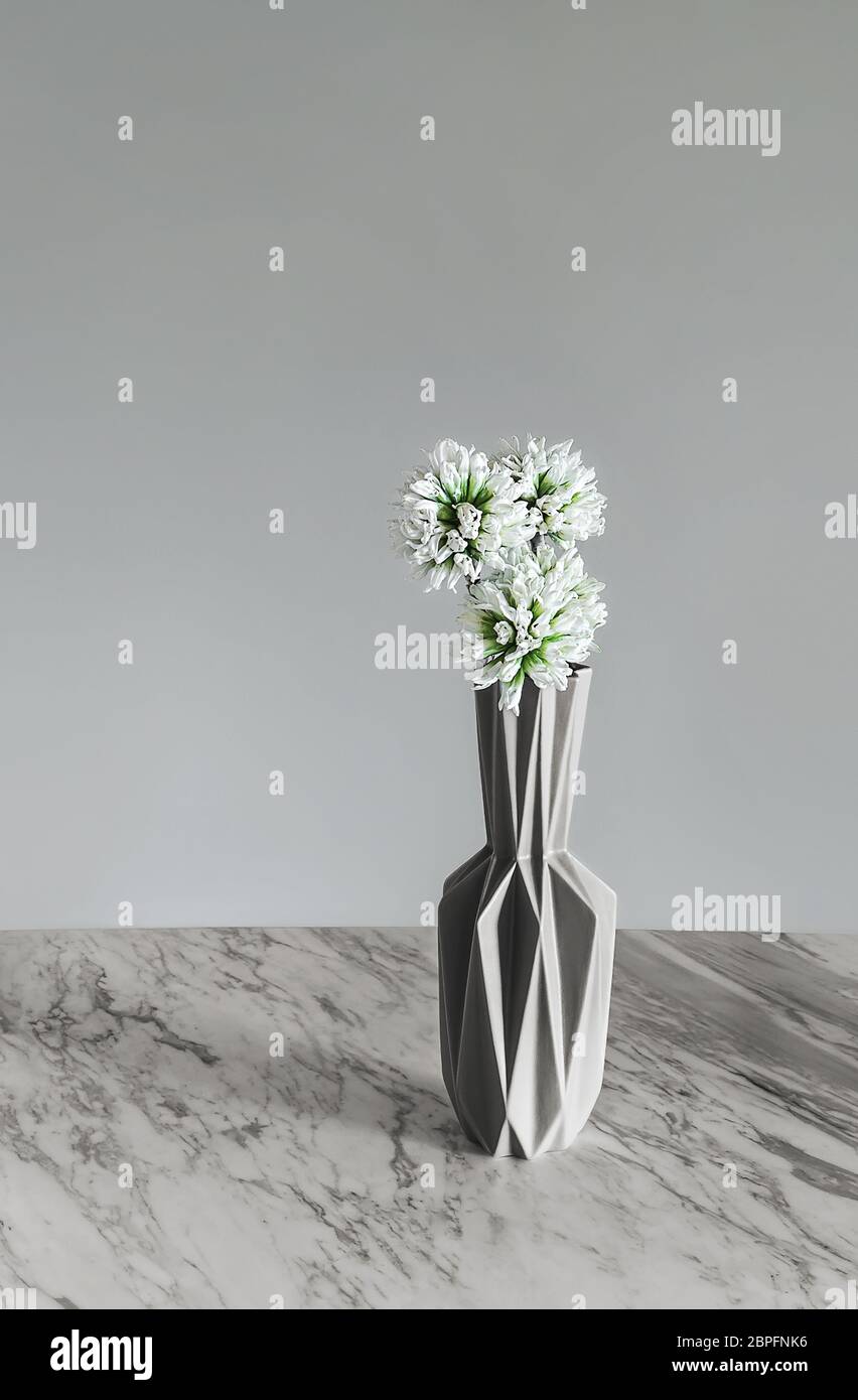 Vase moderne décoratif avec fleurs blanches sur fond gris. Banque D'Images