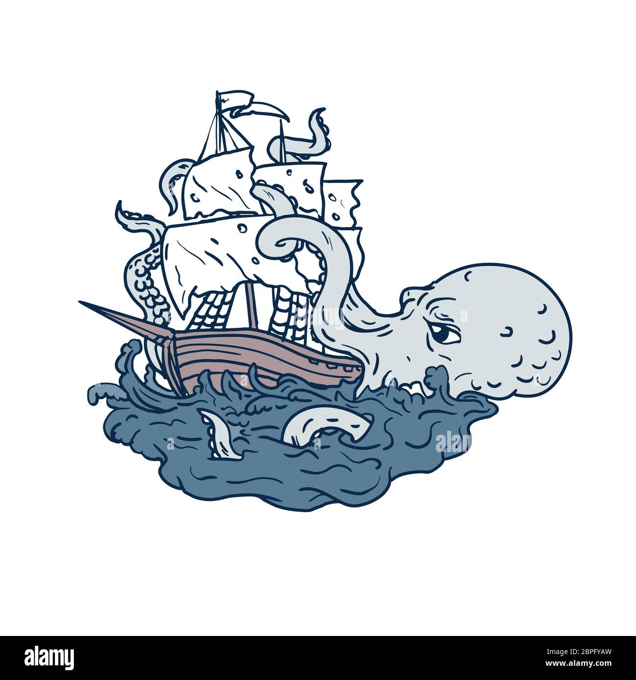 Doodle art illustration d'un kraken, un légendaire de céphalopodes comme monstre marin géant attaque un voilier avec ses tentacules sur mer avec tumulte Banque D'Images