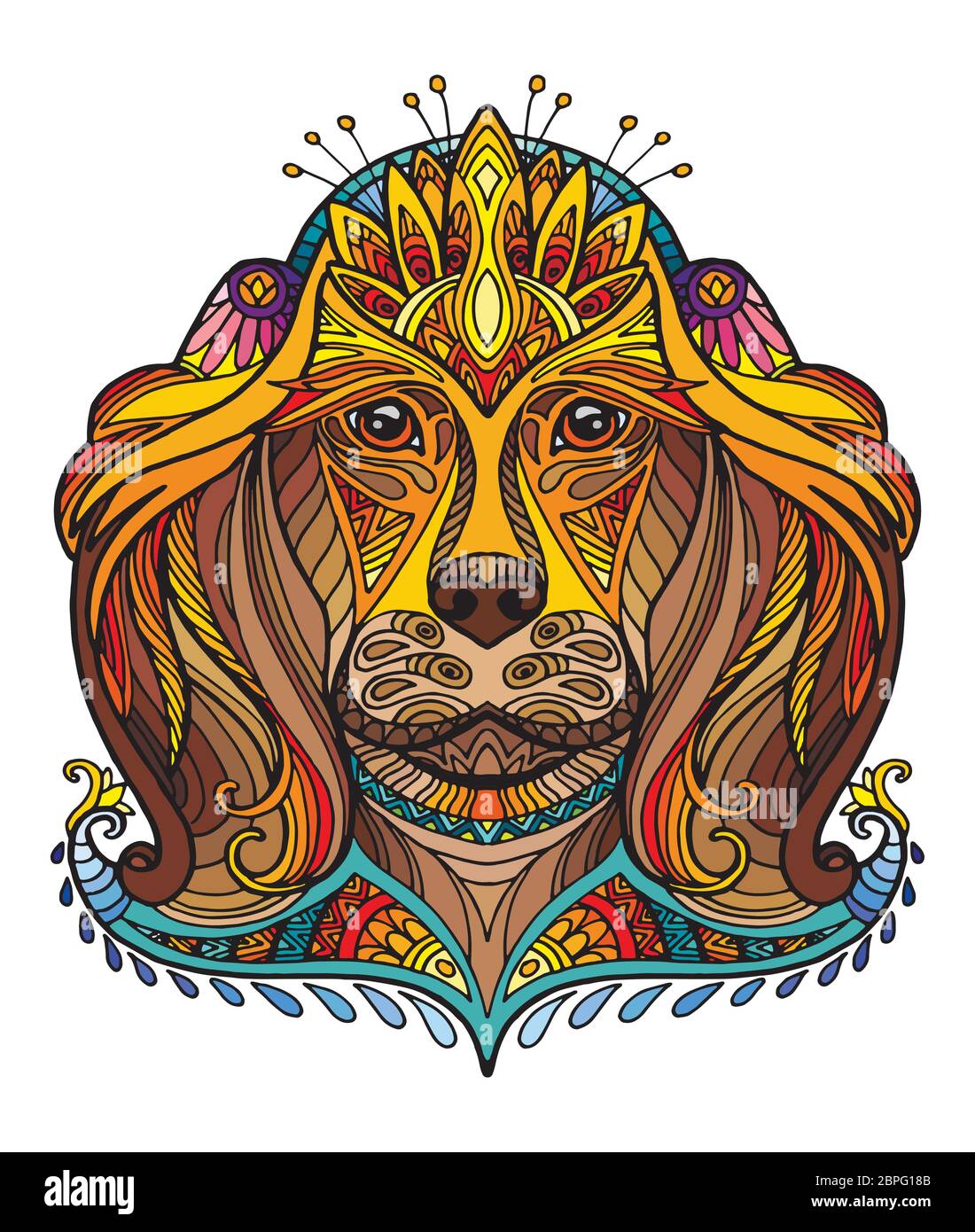 Motif vectoriel décoratif pour chiens tête décorative. Illustration vectorielle abstraite colorée de la tête de chien isolée sur fond blanc. Illustration du stock pour Illustration de Vecteur