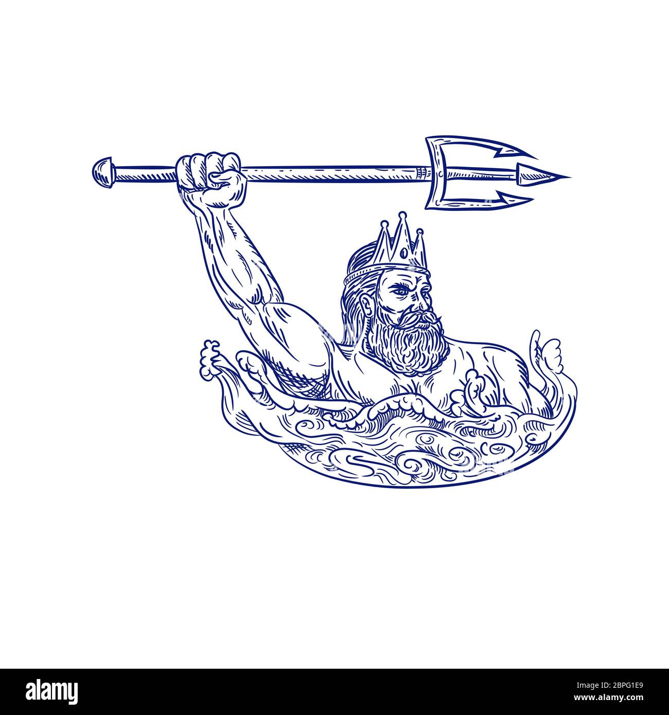 Croquis dessin illustration style de Triton, un dieu grec, le messager de la mer, fils de Poséidon et Amphitrite, armés de trident sur mer avec des vagues Banque D'Images