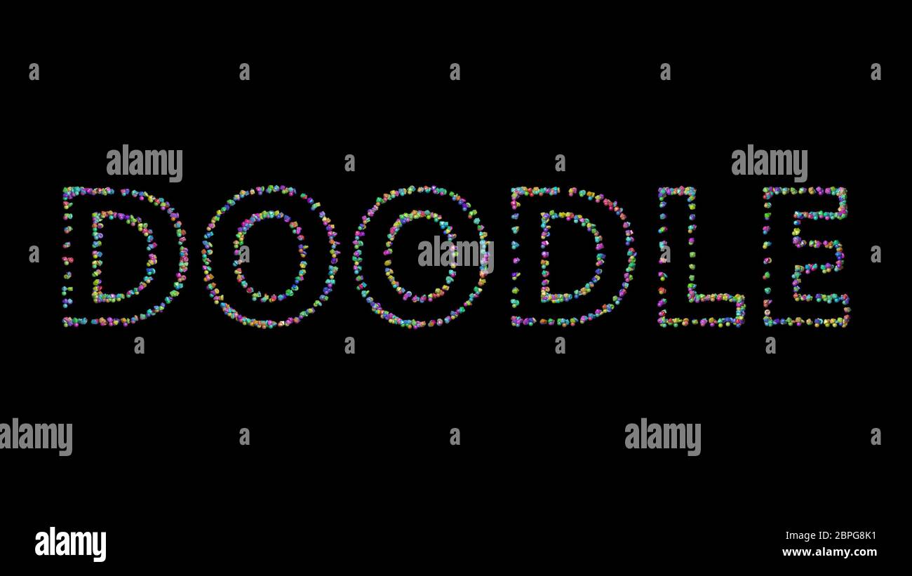 Écriture 3D colorée de texte DOODLE avec de petits objets sur un fond sombre et une ombre assortie Banque D'Images