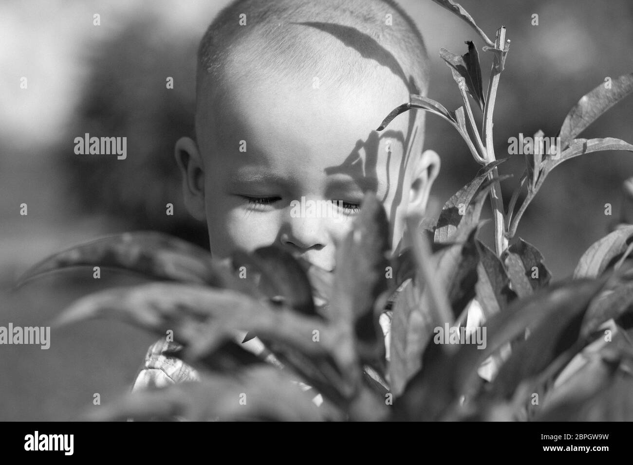 Photo noir blanc heureux mère et petit garçon sur fond nature. Banque D'Images