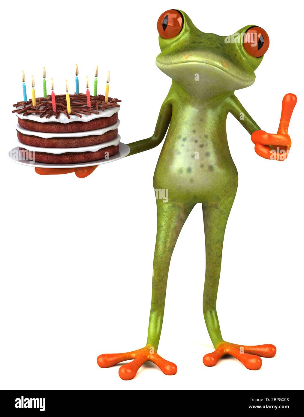 Grenouille amusante avec un gâteau d'anniversaire - 3D Illustration Banque D'Images