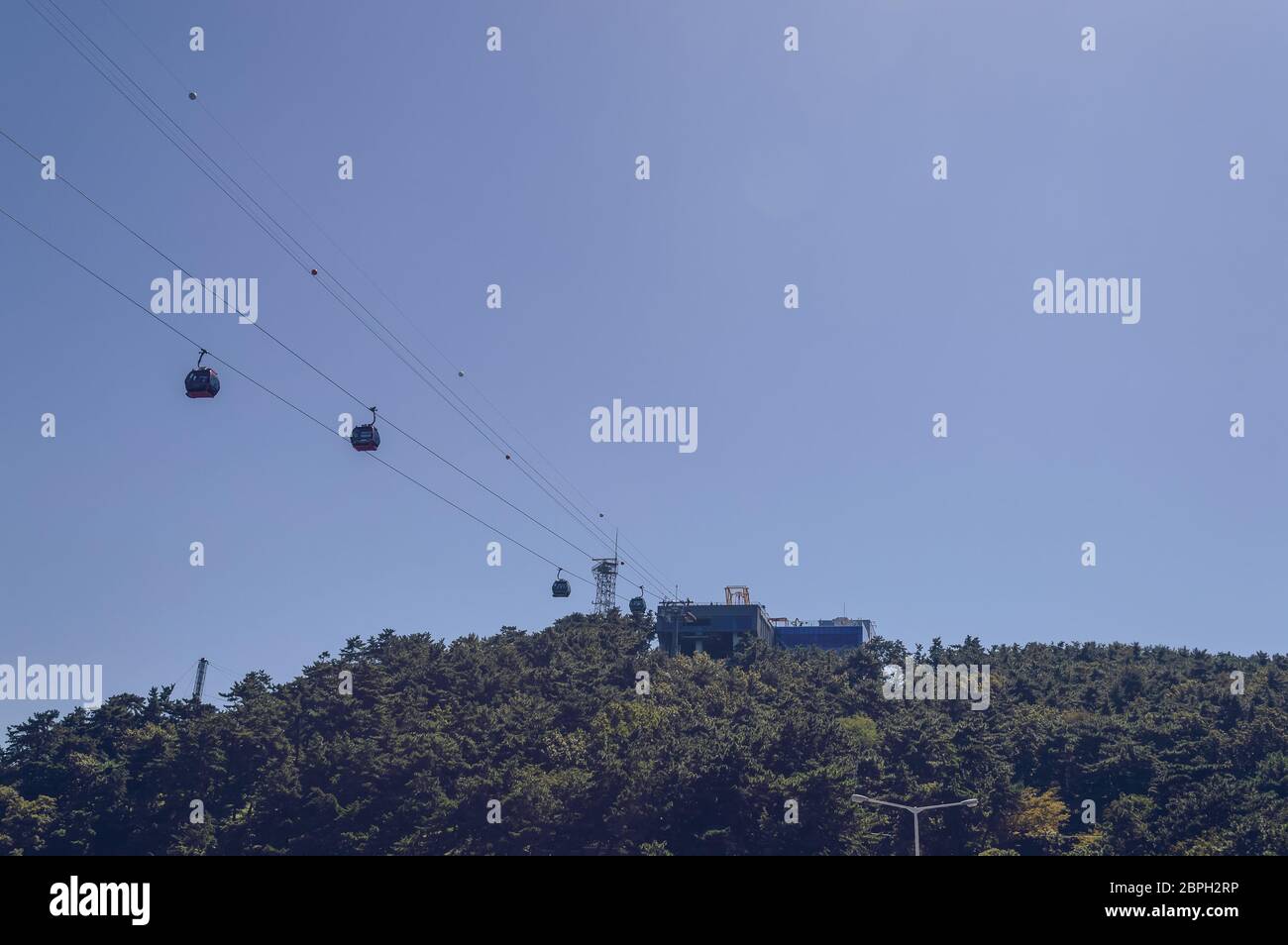 Vue d'en dessous sur Songdo Cable Cars et les parcs de la forêt Banque D'Images