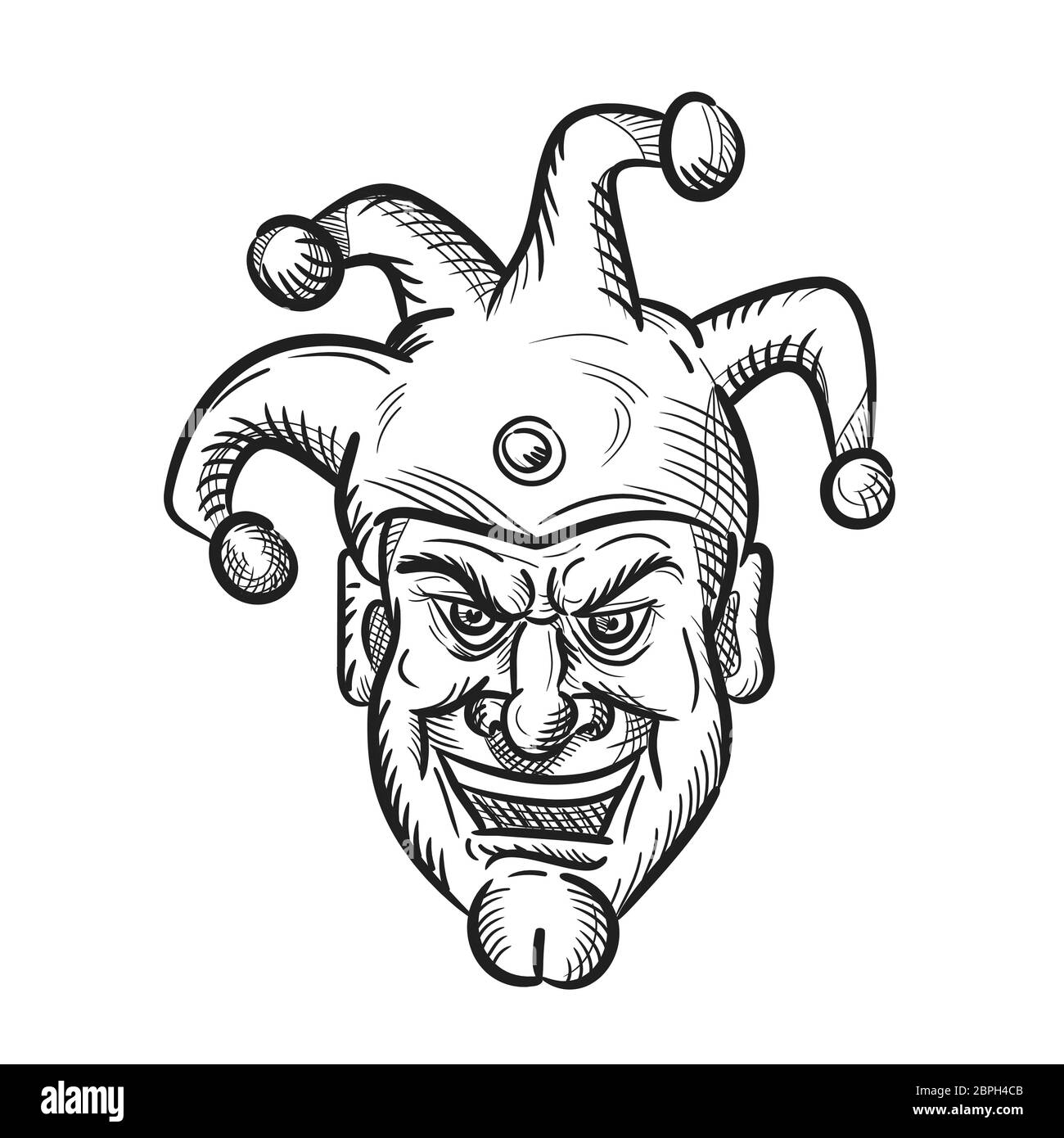 Croquis dessin illustration style de tête d'une cité médiévale fou fou, arlequin ou fou avec un sourire stupide sourire sarcastique ou isolé sur blanc b Banque D'Images