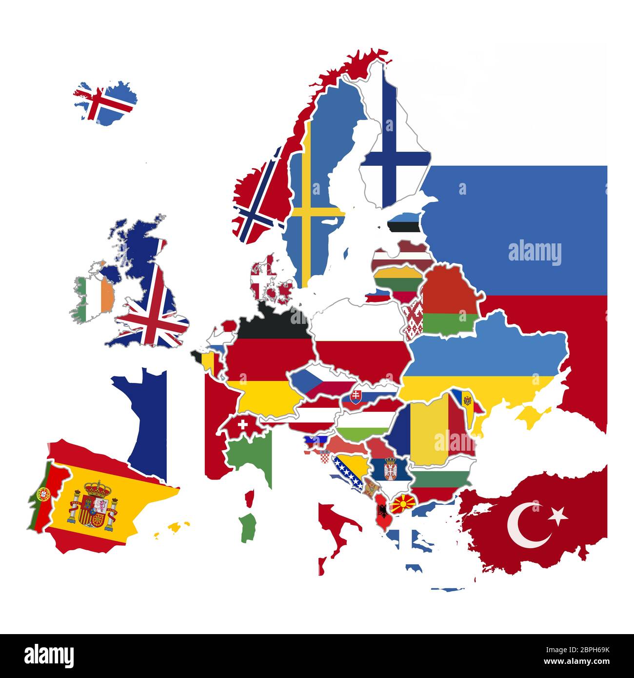 Silhouettes détaillées des pays d'europe avec drapeaux nationaux, carte d'europe iso sur blanc Illustration de Vecteur