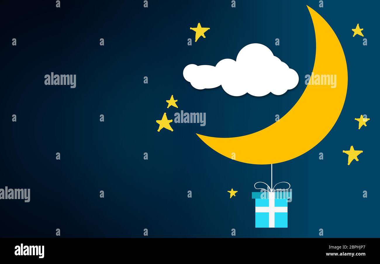 Étoiles de lune de nuages avec cadeau bleu, rendu 3D Banque D'Images