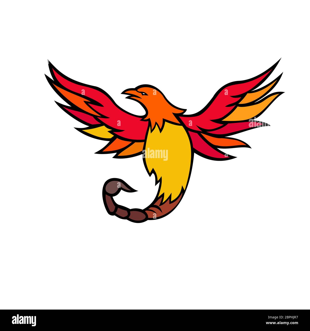 Illustration d'une icône de la mascotte de Phoenix avec une queue de Scorpion Stinger et venimeuse et vol en vue de l'avant sur fond isolé en retr Banque D'Images