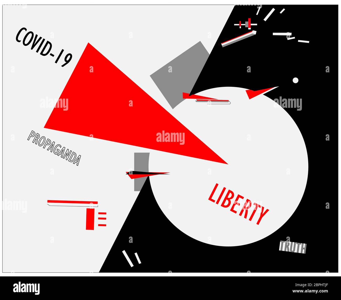 Covid-19 affiche de propagande contre la liberté et la vérité dans le style d'art contemporain de la suprématie. El Lissitzky Banque D'Images