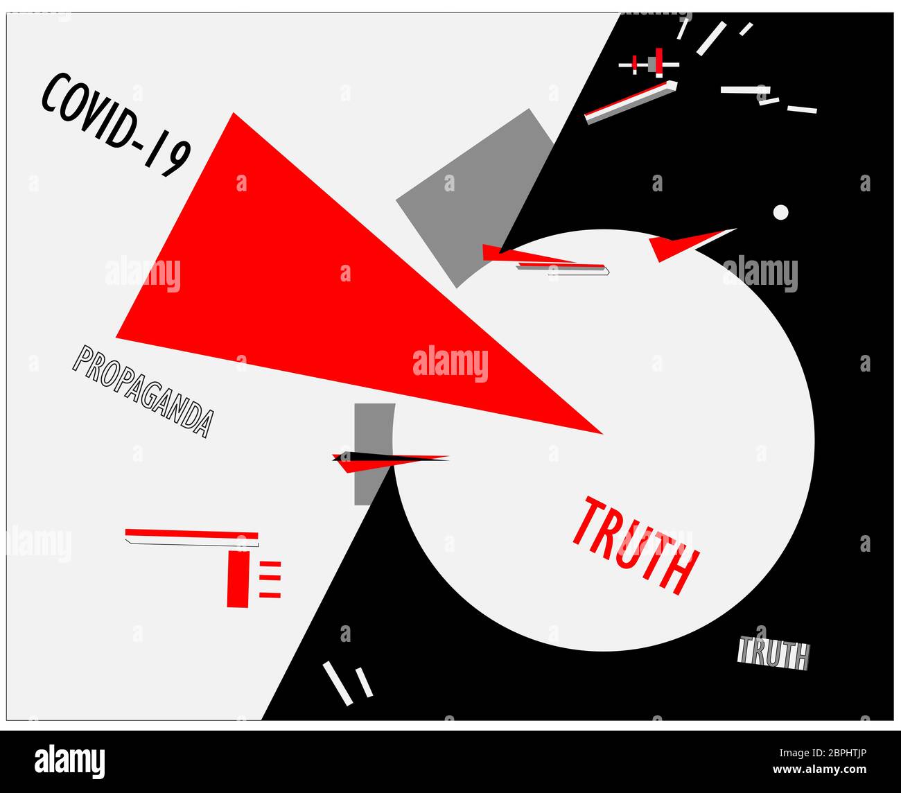 Covid-19 affiche de propagande contre la vérité dans le style d'art contemporain de la suprématie. El Lissitzky Banque D'Images