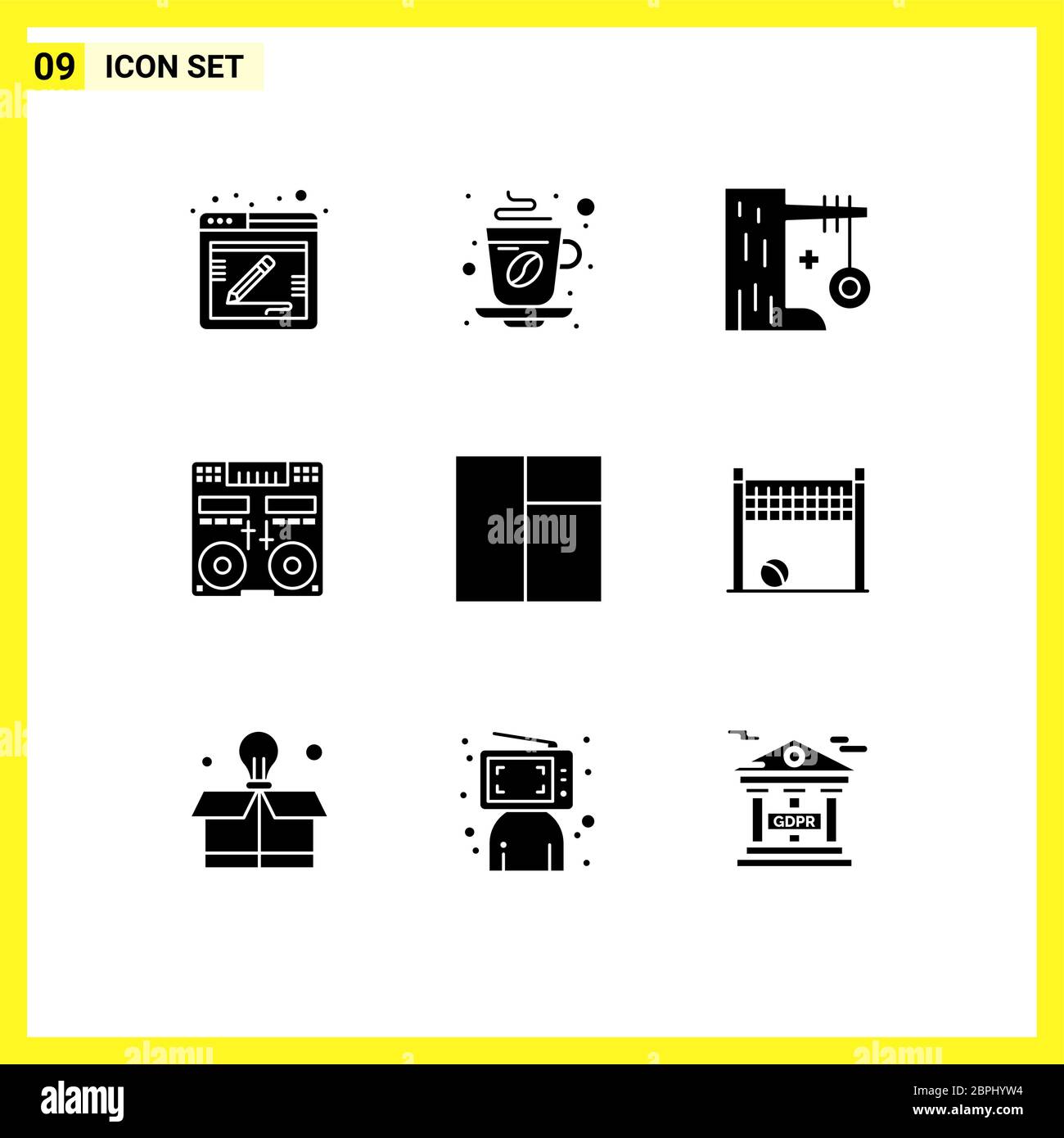 Lot de 9 Glyphes solides créatifs de mélangeurs, console, Hot, cd, éléments de conception vectoriels modifiables Swing Illustration de Vecteur