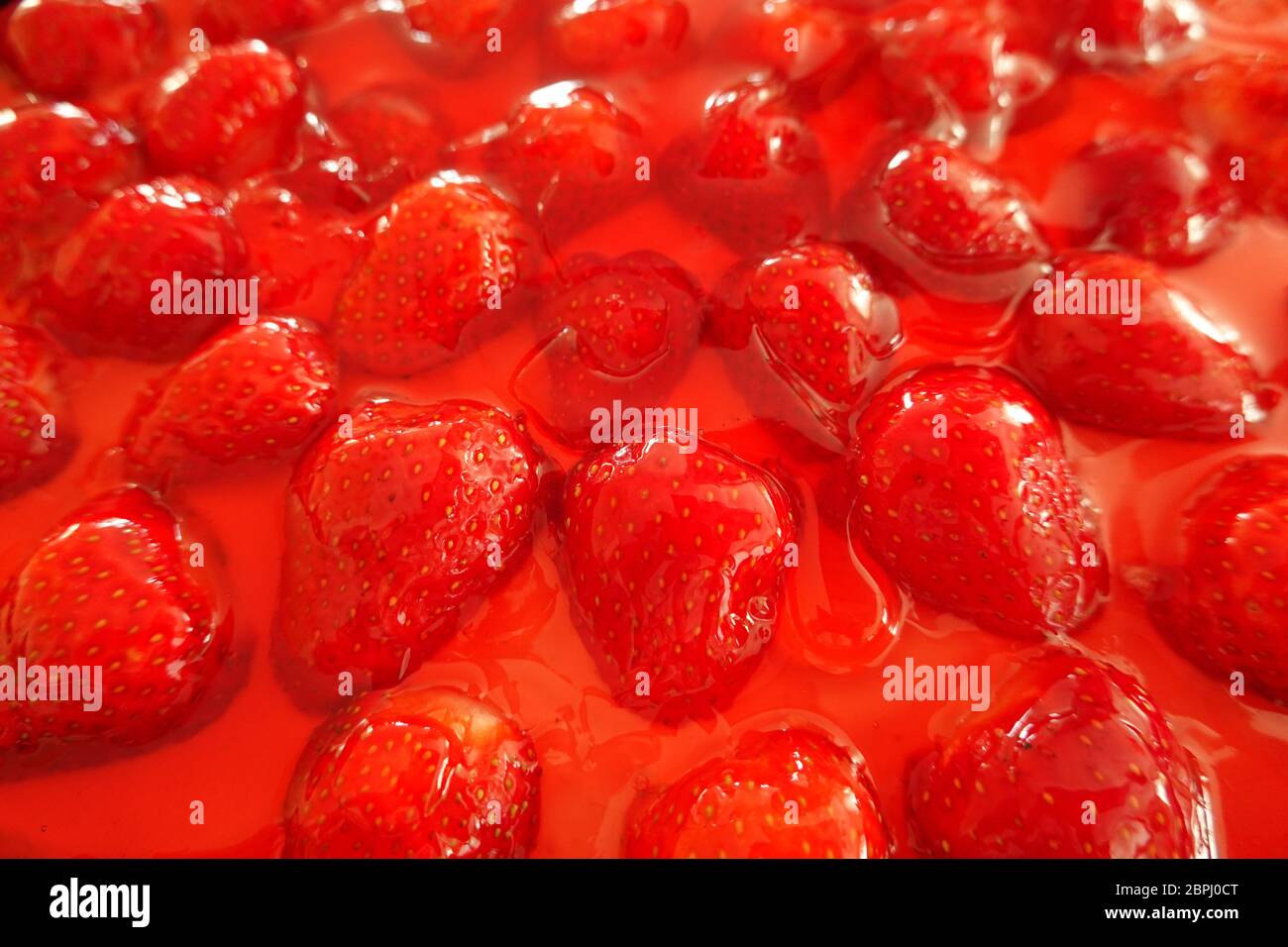 Gâteau aux fraises, gros plan sur la garniture de fraises en gelée, vue détaillée d'un délicieux gâteau frais maison avec de nombreuses fraises rouges Banque D'Images