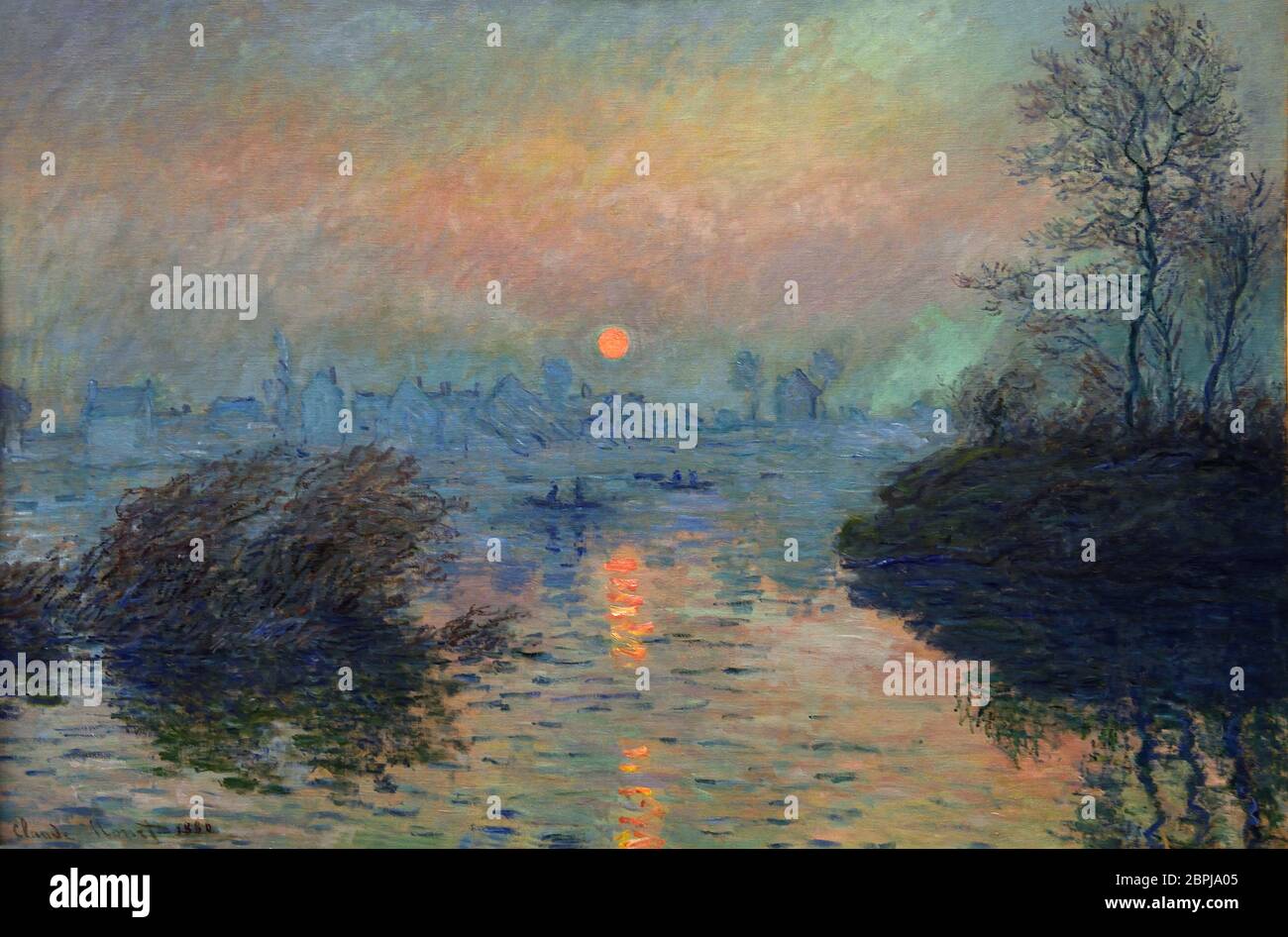 Coucher du soleil sur la seine à Lavacourt, effet d'hiver de 1880 par Claude Monet Paris, 1840 - Giverny, 1926 français, France. Banque D'Images