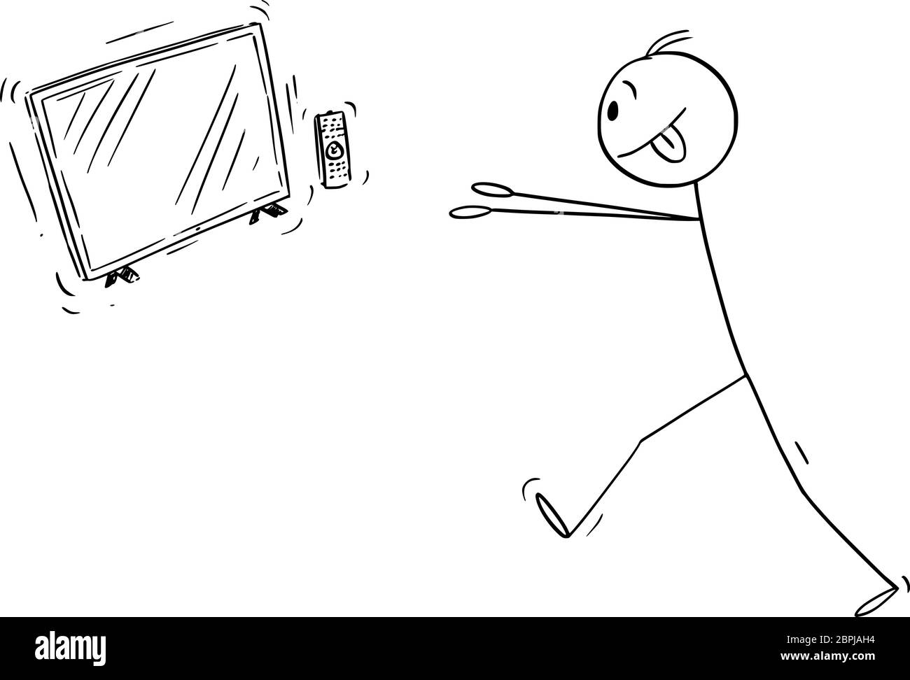 Vecteur dessin dessin dessin dessin dessin dessin dessin conceptuel de l'homme accro aux médias essayant d'obtenir à la télévision, telly ou divertissement de télévision. Illustration de Vecteur