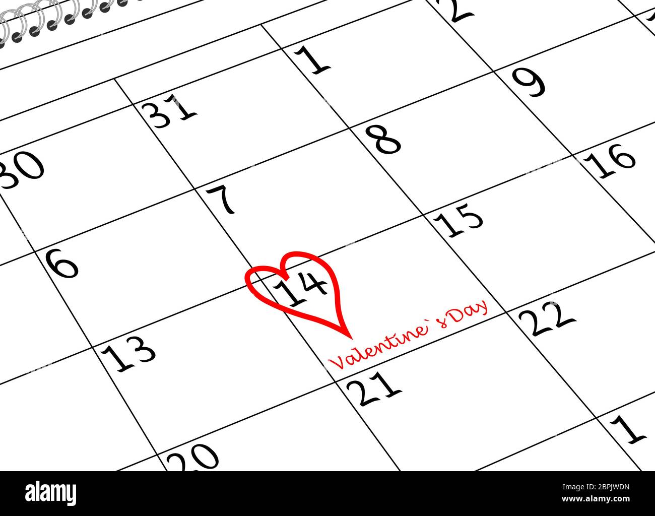 Feuille de calendrier de la Saint-Valentin avec coeur et écriture Banque D'Images