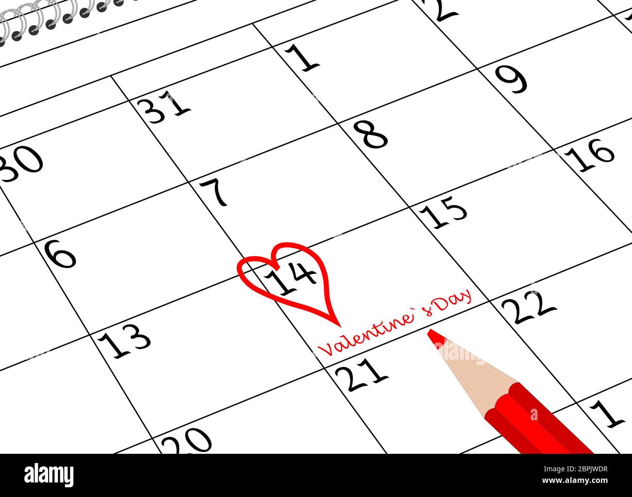 Feuille de calendrier de la Saint-Valentin avec coeur et stylo Banque D'Images