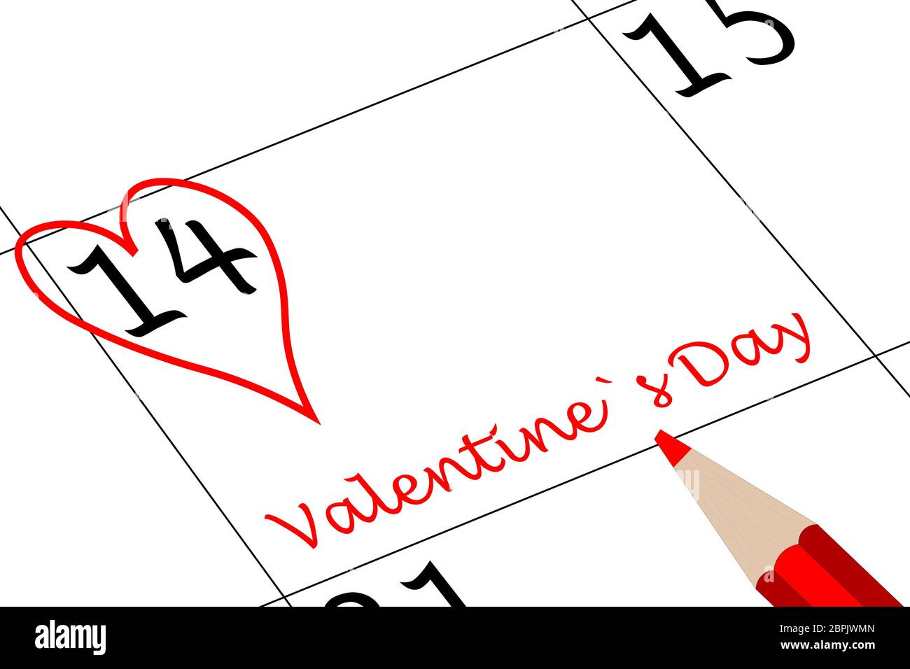 Saint-Valentin Calendrier jour avec coeur stylo et écriture Banque D'Images