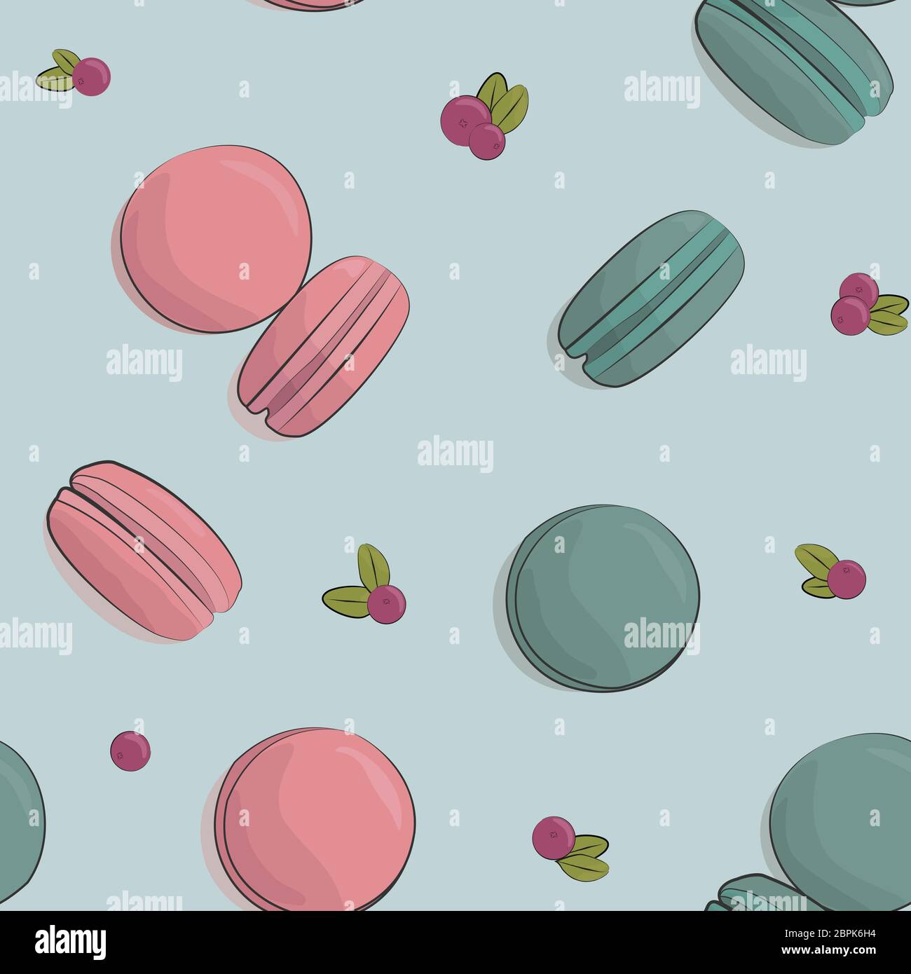 Les macarons et les canneberges sont motifs sur fond blanc. Couleur rose et bleu poussiéreux. Illustration de Vecteur