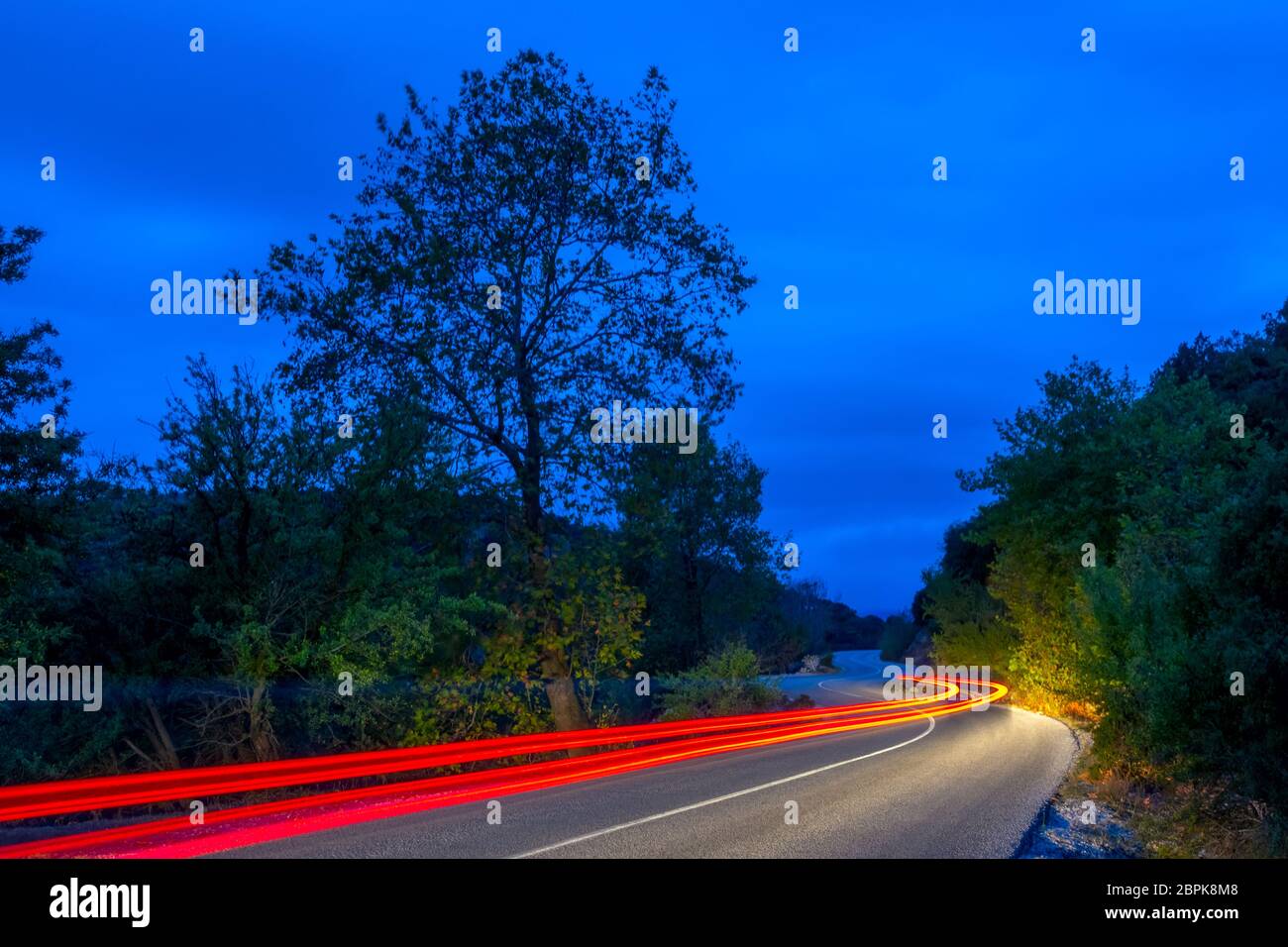 Les feux arrière éclairent une route vide dans une forêt nocturne d'été. Longues pistes sinueuses Banque D'Images