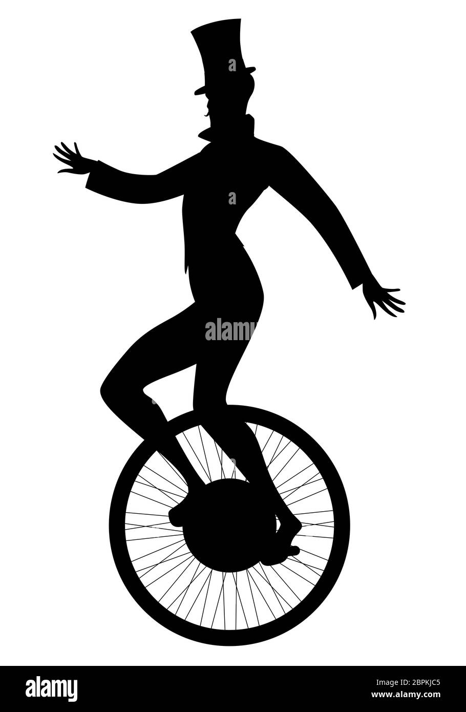 Silhouette d'équilibriste habillé dans l'ancienne mode, portant chapeau, équilibre sur monocycle, isolé sur fond blanc Illustration de Vecteur