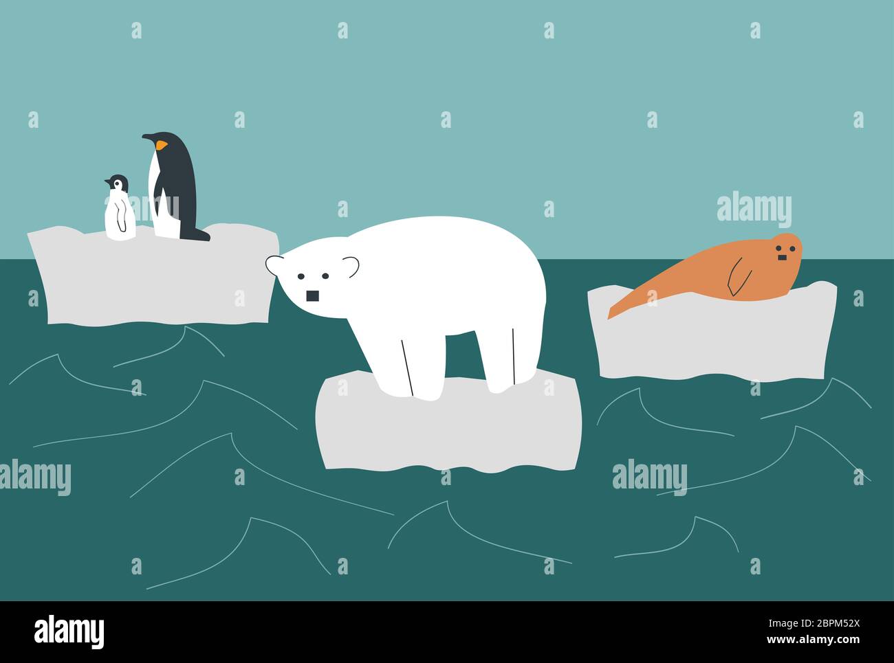 Illustration d'animaux sauvages, ours polaire, pingouin et phoque sur un glacier en fusion au milieu de l'océan - réchauffement planétaire Banque D'Images