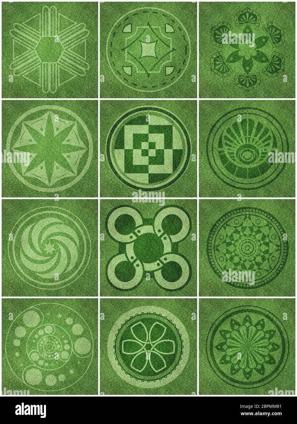 Collection de douze elaborations numérique inspiré par les cercles de récolte Logiciel : Adobe Illustrator et Adobe Photoshop Banque D'Images