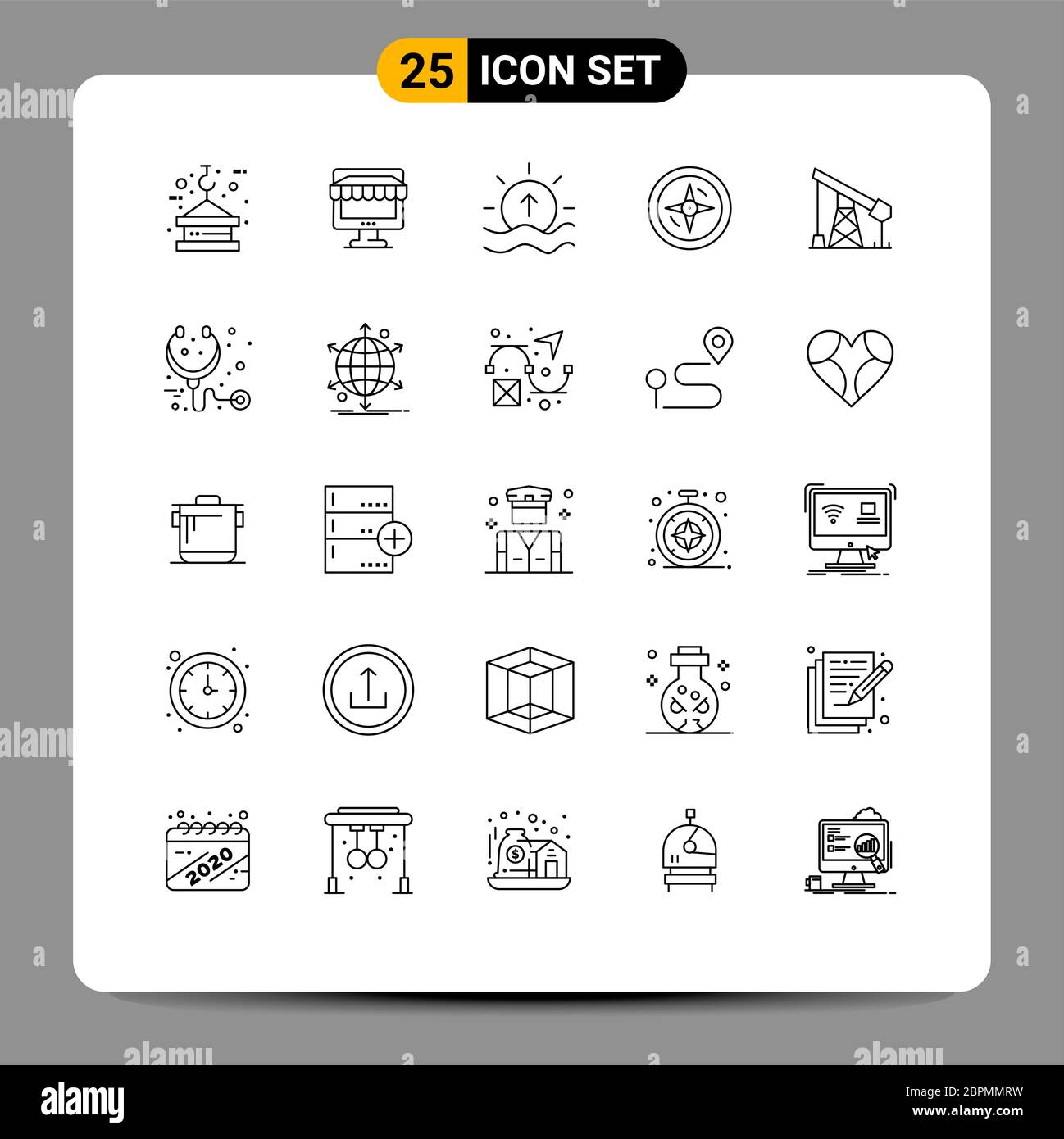 Pack de 25 lignes vectorielles modifiables : emplacement, navigation, stockage, soleil, mer Eléments de conception vectoriels modifiables Illustration de Vecteur