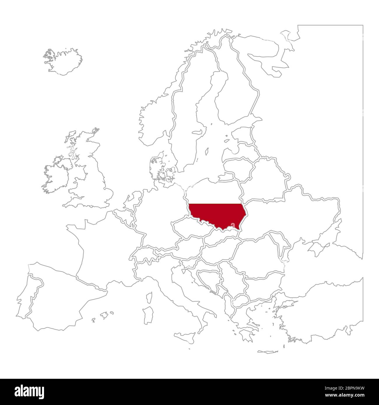 Silhouette détaillée de la Pologne avec drapeau national sur la carte contour europe en blanc Illustration de Vecteur